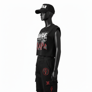 ชุดเซ็ตเสื้อครอปแขนกุดผ้าคอตตอนโพลีเอสเตอร์เทอร์รี่สีดำพร้อมกางเกงเลกกิ้งลายพิมพ์โลโก้ที่กระเป๋าแบบคาร์โก้สำหรับผู้หญิง - Product Image 4