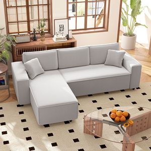 Divano Angolare a L in Velluto a Coste Grigio Chiaro, 3 Posti, Chaise Longue Reversibile, Molle Insacchettate, Imbottitura in Piuma, Morbido Divano Angolare - Product Image 2