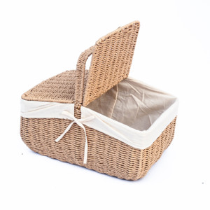 <b>Rectangular</b> Wicker Picnic <b>Basket</b> with Side-Opening Lid and Vintage Canvas Lining - Product Image 5