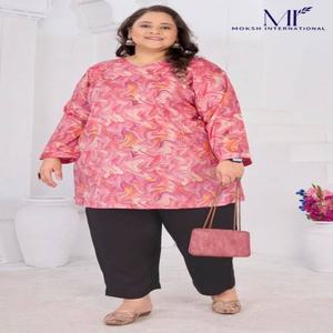 Mejor proveedor de la India de conjuntos de kurti-top largo de talla grande, listos para usar, de la última colección de tela de rayón slub con diseño estampado. - Product Image 1