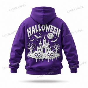 Sweat-shirt à capuche graphique personnalisé pour homme, violet, avec impression 3D de maison hantée, citrouille, chauve-souris et lune - Product Image 3