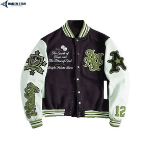 Men's Varsity Jacket Navy Cream Sleeve Letter Embroidery Preppy Style Autumn Wear Polyester Cotton Material - Product Image 6