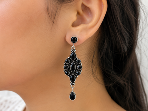 Boucles d'oreilles pendantes en argent oxydé tendance |   Bijoux vintage en pierre œil de chat rose, forme marquise et goutte d'eau - Product Image 6