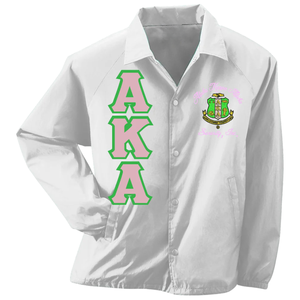 Veste chemise décontractée blanche à manches longues boutonnée pour femme, brodée avec des lettres grecques et des lignes croisées - Product Image 1