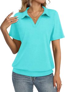 Polo de punto de manga corta rosa liso para mujer, de longitud regular, teñido liso, camiseta polo de moda, OEM ODM - Product Image 3