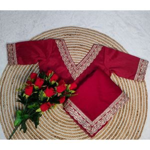 ผ้าไหม Vichitra เย็บปักลายและแต่งผ้าโสร่งด้วยเสื้อสีแดงเข้ม - Product Image 1
