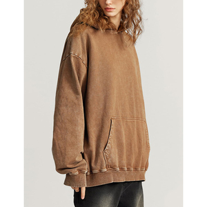 Sweat-shirt à capuche oversize unisexe en coton molletonné couleur unie, anti-boulochage, coupe délavée, pour l'automne - Product Image 4