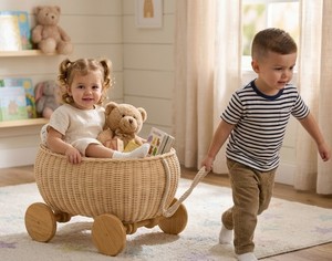 Handwoven Rattan Toy Storage Cart with Wooden Wheels, Wicker <b>Pull</b> Wagon Basket for Kids Toys, Nursery Organizer & Baby Room - Product Image 4