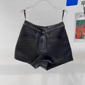 Gran oferta, cremallera, bolsillo volador, pierna ancha, suelto, informal, para mujer, pantalones cortos de cuero genuino para mujer - Product Image 4