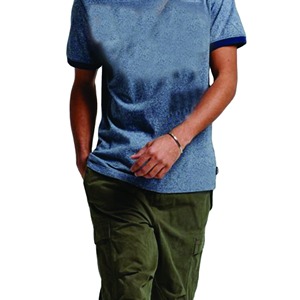 Camiseta de Manga Corta Azul Claro para Hombre con Ribete en Contraste, Corte Regular, Informal, de Algodón Jersey, Cuello Redondo, Color Sólido - Product Image 2
