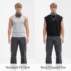 Men's Eco-Friendly Anti-Pilling <b>Cropped</b> Tank <b>Top</b> 320GSM Heavyweight 100% Cotton French Terry Boxy Oversized Fit Raw Hem - Product Image 5