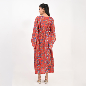 Robe longue élégante en coton à fleurs, col en V, coupe ample, manches larges, tissu respirant, tenue décontractée quotidienne pour femmes - Product Image 4
