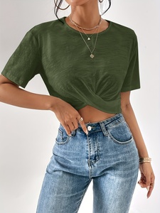 Women's Olive Green <b>Crop</b> <b>Top</b> Short <b>Sleeve</b> Crew Neck Knitted Asymmetric Casual T-Shirt Slim Fit Spring Summer Style - Product Image 2