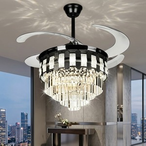 <b>Crystal</b> Chandelier <b>LED</b> Remote Control <b>Light</b> Fixture for Modern Home Invisible Blade <b>Ceiling</b> Fan Luxury Black Mesh Design - Product Image 2