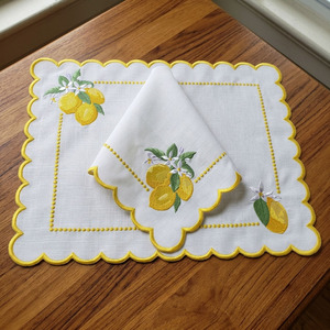 Custom Wholesale Luxury Embroidery Lemon Cotton <b>Placemat</b> Napkin Set Yellow Scallop Border Mats Machine Washable Home Wedding - Product Image 4