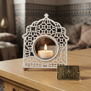 Support de bougie chauffe-plat en métal blanc découpé, motif géométrique en treillis, centre de table - Product Image 5