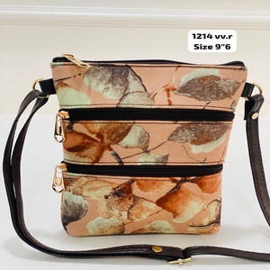 Sac bandoulière réglable de luxe imprimé feuilles abstraites pêche avec double fermeture éclair, léger et tendance pour femme, idéal pour les voyages - Product Image 1