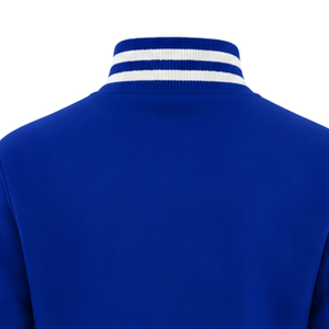Royal Blue Varsity Letterman <b>Jacket</b> with Gold Greek Letter Embroidery <b>White</b> Striped Ribbed Trim Snap Button Collegiate Team Wear - Product Image 5