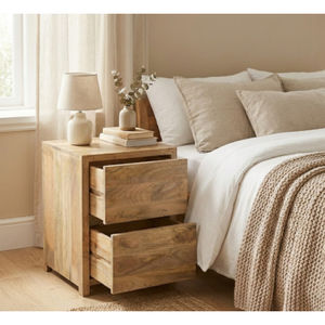 Mesita de noche de diseño nórdico moderno en madera maciza de roble con acabado natural, con dos cajones y almacenamiento para dormitorio y sala de estar. - Product Image 2