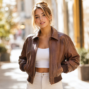 Chaqueta de Invierno Personalizada para Mujer, Ecológica, Transpirable, de Piel de Cordero Marrón, Estilo Bomber Vintage, con Forro de Seda - Product Image 2
