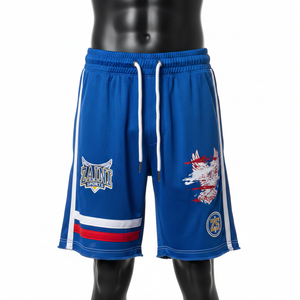 Short de basket-ball pour homme en tissu polyester mesh respirant, couleur bleue, impression par sublimation sur le côté, logo personnalisé. - Product Image 1