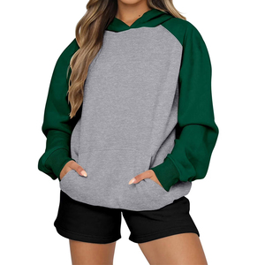 Sweat-shirt à capuche pour femme, color-block gris-vert, manches raglan, coupe oversize, en mélange de coton tricoté respirant, pour l'automne, style décontracté - Product Image 1