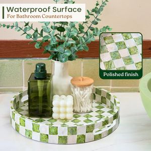 Decorative Tray with Handles, Checkered <b>Round</b> Serving Tray for Coffee <b>Table</b>, Kitchen Counter, or Bathroom (Pistachio Green) - Product Image 2