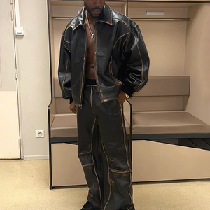 Men's Black Leather Look Tracksuit Full Sleeve Zipper Turn-<b>down</b> Collar Loose Fit Winter Streetwear Solid Color <b>Pants</b> and Jacket - Product Image 4