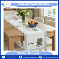 Nouveau design : Chemin de table en toile de coton beige imprimé palmiers, 33x120 cm, avec bordure bleue – Décoration intérieure classique à prix abordable