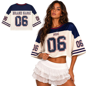 Premium Mesh Custom <b>Rhinestone</b> Crystal Number American Football Jersey Crew Neck Short Sleeve Y2K Bling Crop <b>Top</b> Shorts Sets OEM - Product Image 1