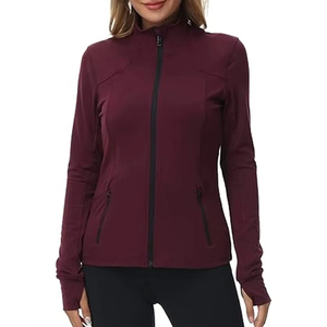 Women's Burgundy Full Sleeve Zip-Up <b>Yoga</b> <b>Jacket</b> Solid Color Breathable Spandex Polyester Sport Coat Fitness <b>Jacket</b> For Women - Product Image 3