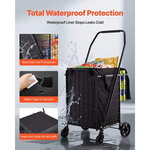 Chariot de courses pliable robuste à double panier avec doublure imperméable, grande capacité de charge de 100 lb, avec roues, idéal pour le camping et la lessive - Product Image 3