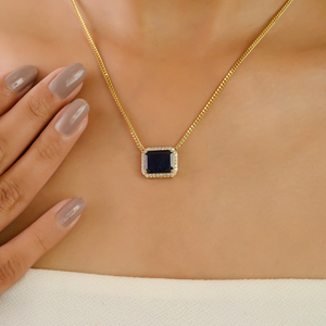 Collar con Colgante Halo de Zafiro Azul y Diamantes, Diseño Exclusivo OEM ODM, Cadena Cubana Miami, Oro Amarillo Sólido K14 - Product Image 2