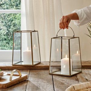 Geometric <b>Brass</b> Candle <b>Lantern</b> With Glass Panels Heat Resistant Home Decoration - Product Image 6