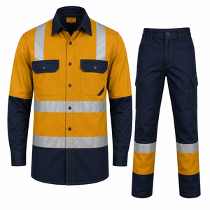 <b>Men's</b> Burgundy Black Hi Visibility Workwear Shirt Pants Set High Visibility Reflective Tape Long Sleeve Button-Down <b>Cargo</b> Cotton - Product Image 4