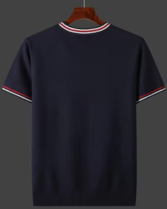Men's Knitted Short Sleeve O Neck Solid Navy T-Shirt Contrast Trim Casual Regular Fit - Product Image 2