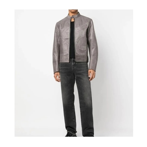 <b>Men's</b> Gray <b>Leather</b> <b>Jacket</b> With Zipper Closure And Pockets Stand Collar Moto Style <b>Leather</b> <b>Jacket</b> Available For Online Sale - Product Image 2
