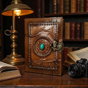 Journal en cuir fait main, couverture rigide vintage, gravé, Grimoire de pierre avec motifs mascotte d'amour et fleurs - Product Image 3