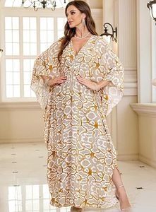 V-Neck Batwing Sleeve Geometric Print Chiffon Maxi <b>Kaftan</b> Loose Fit <b>Summer</b> Casual Dress Breathable Wrap And Tie Style - Product Image 4