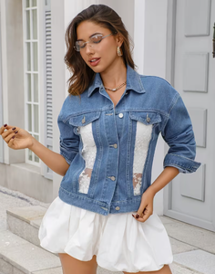 Hardihood International Women's Denim <b>Jacket</b> Breathable Distressed Lace Trim Contrast Cuffs Hem Floral Print Formal Spring Style - Product Image 1