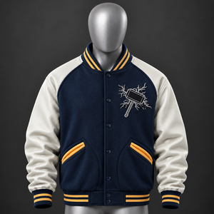 เสื้อแจ็คเก็ตบอมเบอร์วาร์ซิตี้ผู้ชาย แจ็คเก็ตเบสบอลแบบ Letterman สีกรมท่า แขนสีขาว สไตล์วิทยาลัย สตรีทแวร์ รับผลิตแบบ OEM แบรนด์ส่วนตัว ขายส่ง - Product Image 1