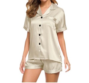 Chemise et short en satin de qualité pour femmes, collection classique, col à revers, manches longues, pyjama pour l'été, doux et confortable - Product Image 4