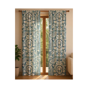 Cortina de algodón color verde azulado, lista para enviar, 140x260 cm, 220 GSM, con ojales y patrones de diamantes de ikat blanco para hogares modernos e interiores. - Product Image 1
