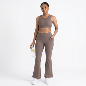 High Waist Flared Leg <b>Yoga</b> <b>Pants</b> With Pockets Solid Color Full Length Elastic Waist Spandex Polyester Four-Way Stretch - Product Image 3