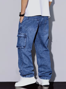 Pantalones Cargo de Mezclilla Holgados para Hombre, Cintura Elástica, Cierre de Cremallera, Transpirables, para Todas las Temporadas, Estilo Urbano, con Bolsillos, Grosor Estándar - Product Image 2
