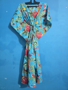 Vestido Kaftán Ecológico 100% Algodón de la India para Mujer, Cintura Natural, Estampado de Pájaros Turquesa, Suave, Holgado, Verano, Cierre Elástico en la Cintura - Product Image 6