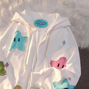 Sweat-shirt rose à capuche avec fermeture éclair, motif étoile de dessin animé, coupe oversize, décontracté, unisexe, en coton tricoté, pour l'automne - Product Image 2