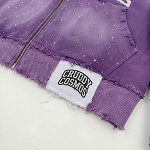 Sudadera con capucha morada desgastada al por mayor |   Sudadera con capucha vintage adornada con estampado de alienígena agrietado y pedrería |   Ropa Urbana OEM - Product Image 4