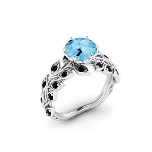 925 argent Sterling belle aigue-marine naturelle ronde coupe pierre précieuse bague à la main pierre précieuse bague en gros bijoux en argent - Product Image 2