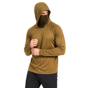 Men's Olive Long Sleeve Hooded UV Protection Shirt With Face Cover Pullover <b>Top</b> Solid Color Anti-Uv Fishing Wear - Product Image 2